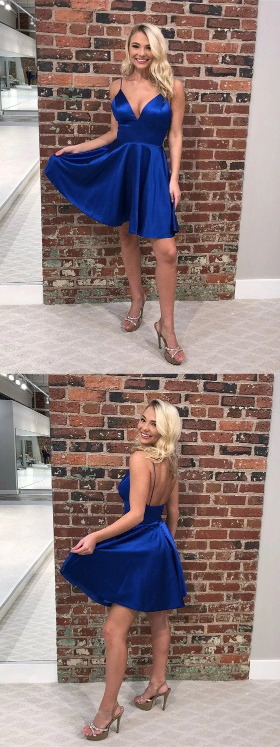 A-line Spaghetti Straps Sexy V-neck Backless Sleeveless Short Homecoming dresses, HD0375