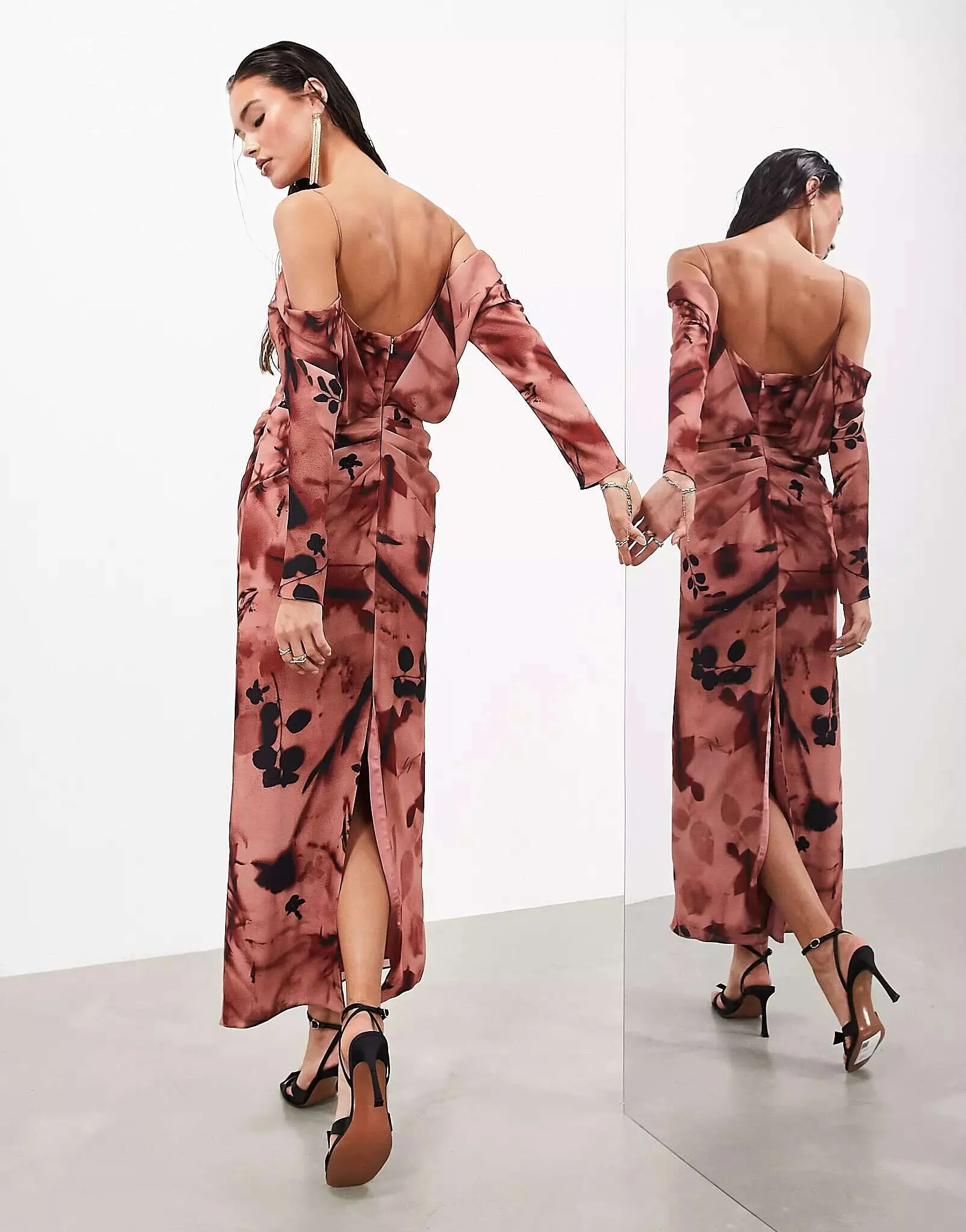 ASOS Long Sleeve Draped Maxi Dress in Pink Floral Print
