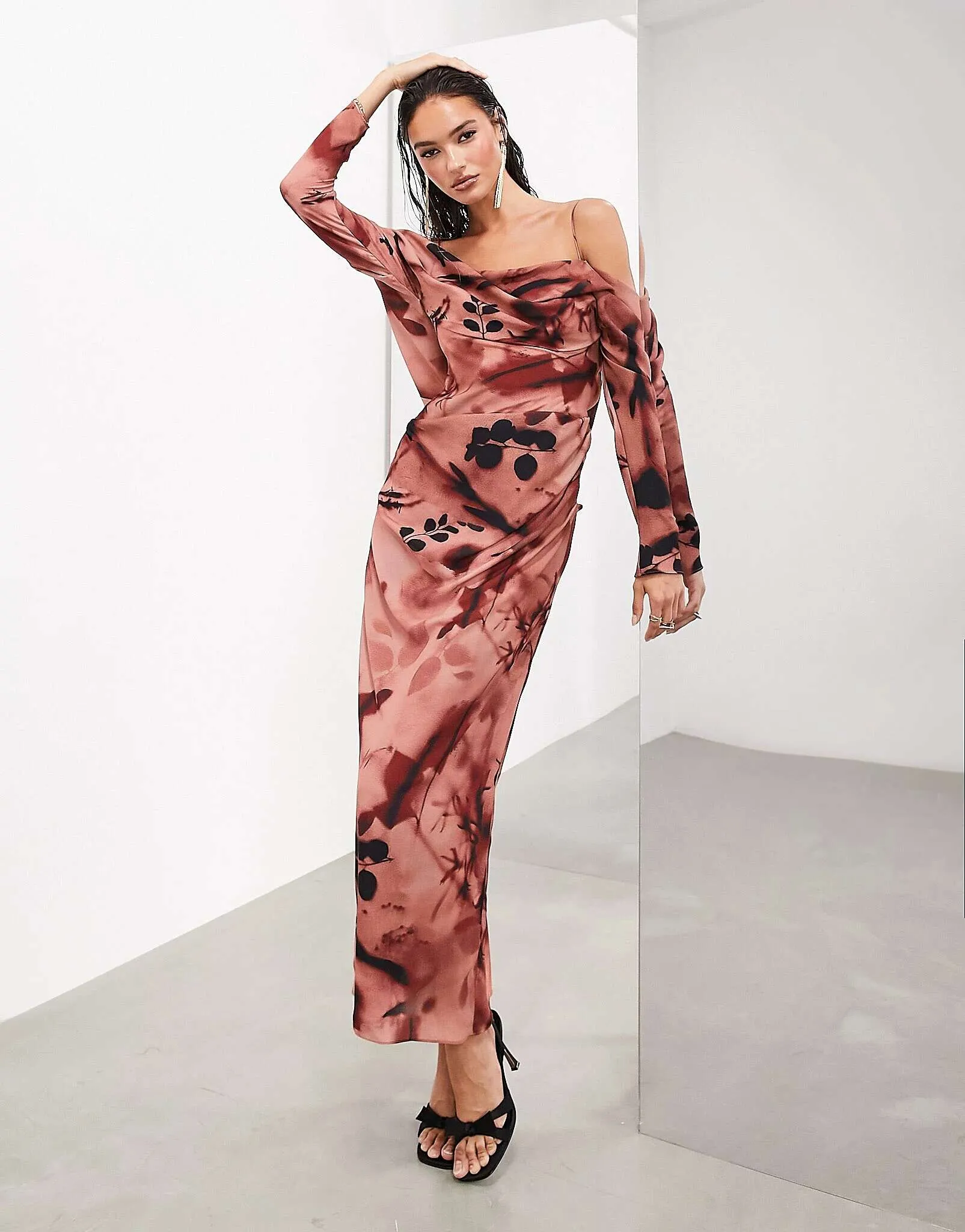 ASOS Long Sleeve Draped Maxi Dress in Pink Floral Print