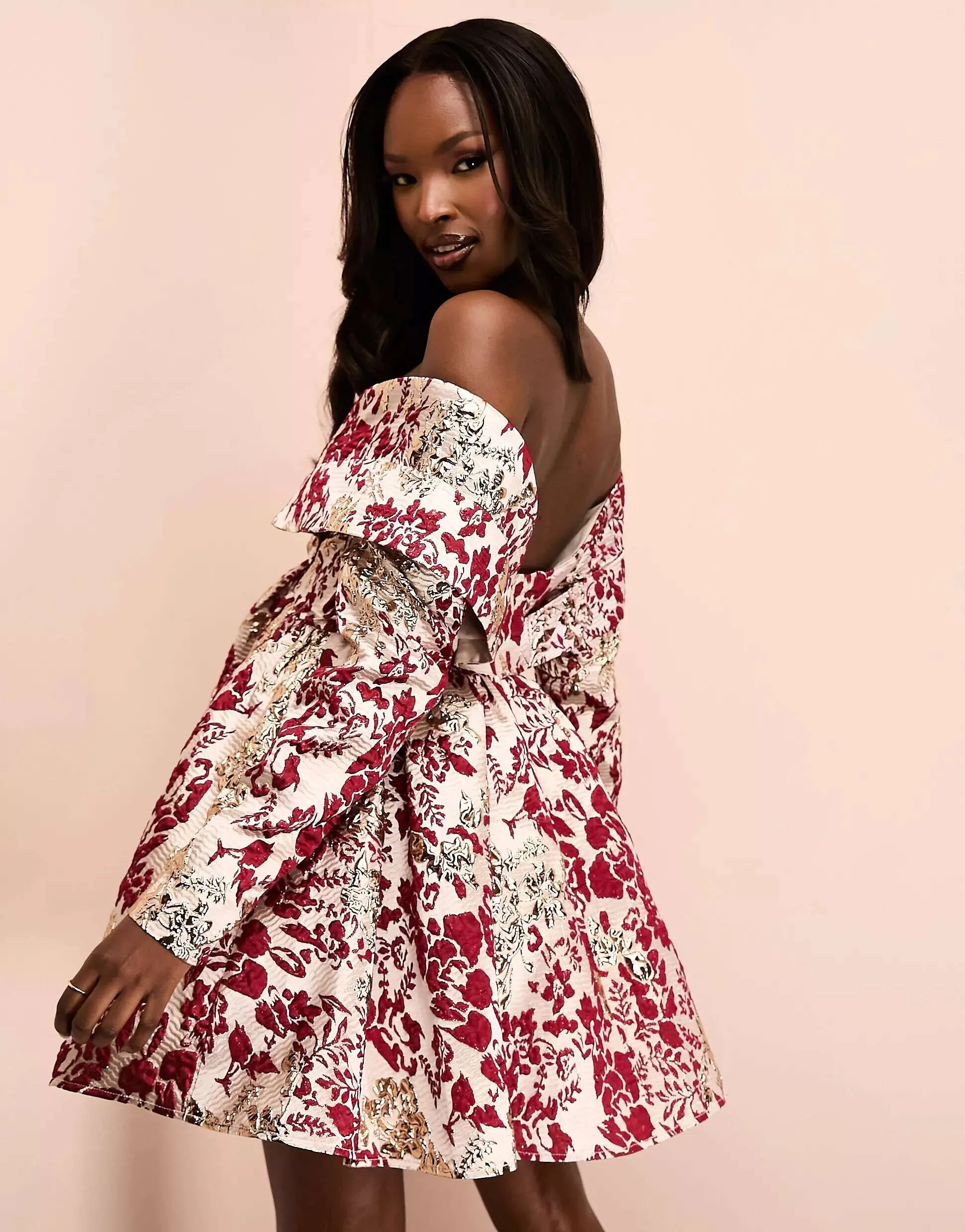 ASOS Off Shoulder Jacquard Mini Dress in Burgundy and Gold Floral