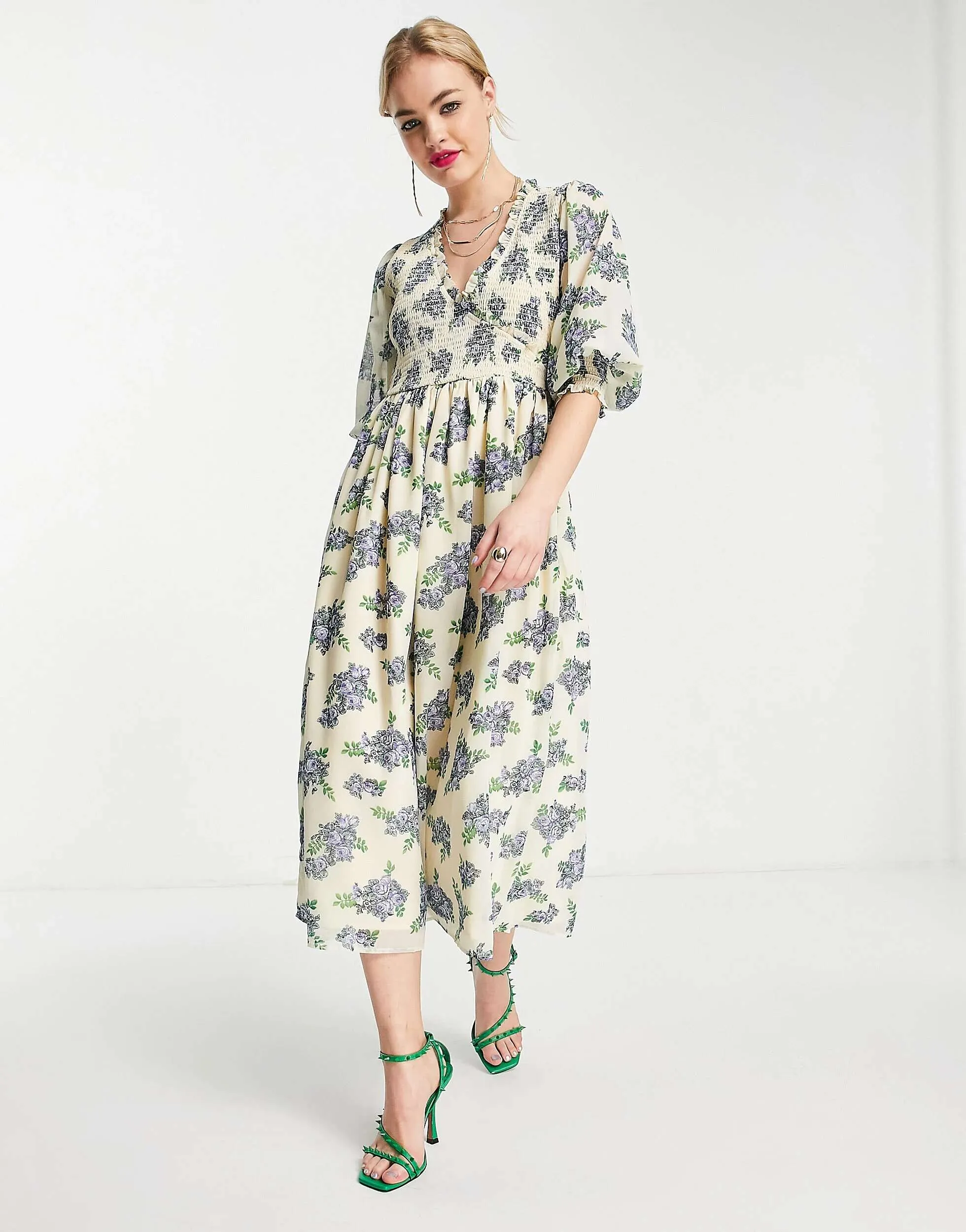 ASOS Shift Cuff Midi Dress in White Floral Base