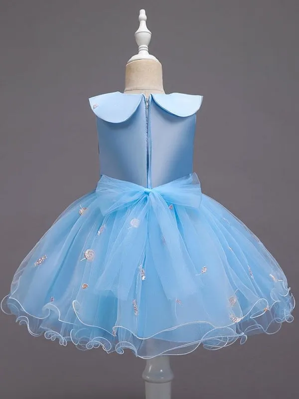 Blue Flower Girl Dresses Sleeveless Tulle Polyester Cotton Flowers Kids Party Dresses