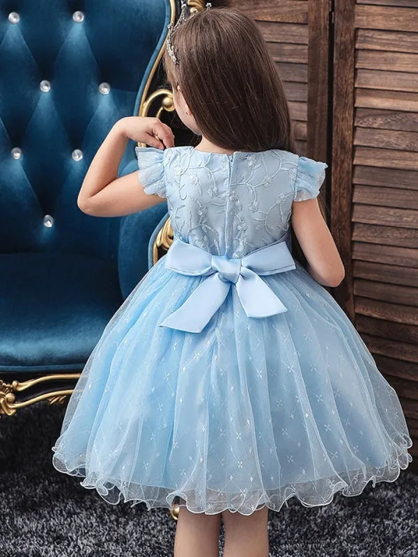 Blue Kids Lace Wedding Ceremony Dresses Summer Children Party Elegant Princess Long Tulle Baby Girls