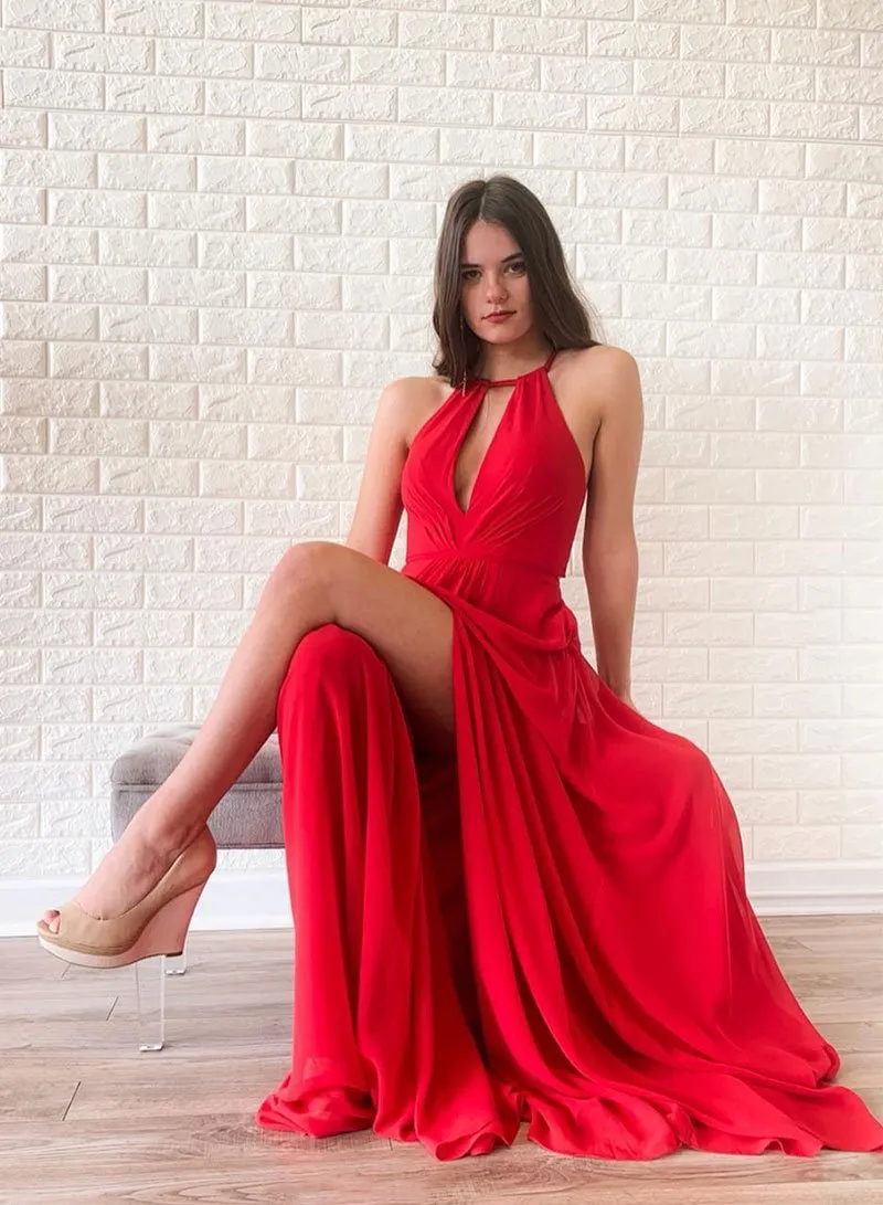 Flowy Red Chiffon Long Open Back Front Split Prom Dresses Fashion Dresses