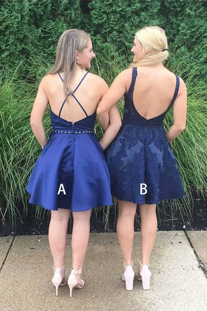 Navy Blue V Neck Homecoming Dresses Cute Short Bridesmaid Dresses with Pockets