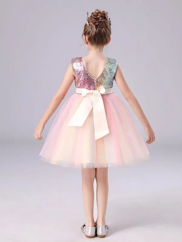 Pink Flower Girl Dresses Sparkly Sequins Sleeveless A-Line Tulle Kids Party Dresses