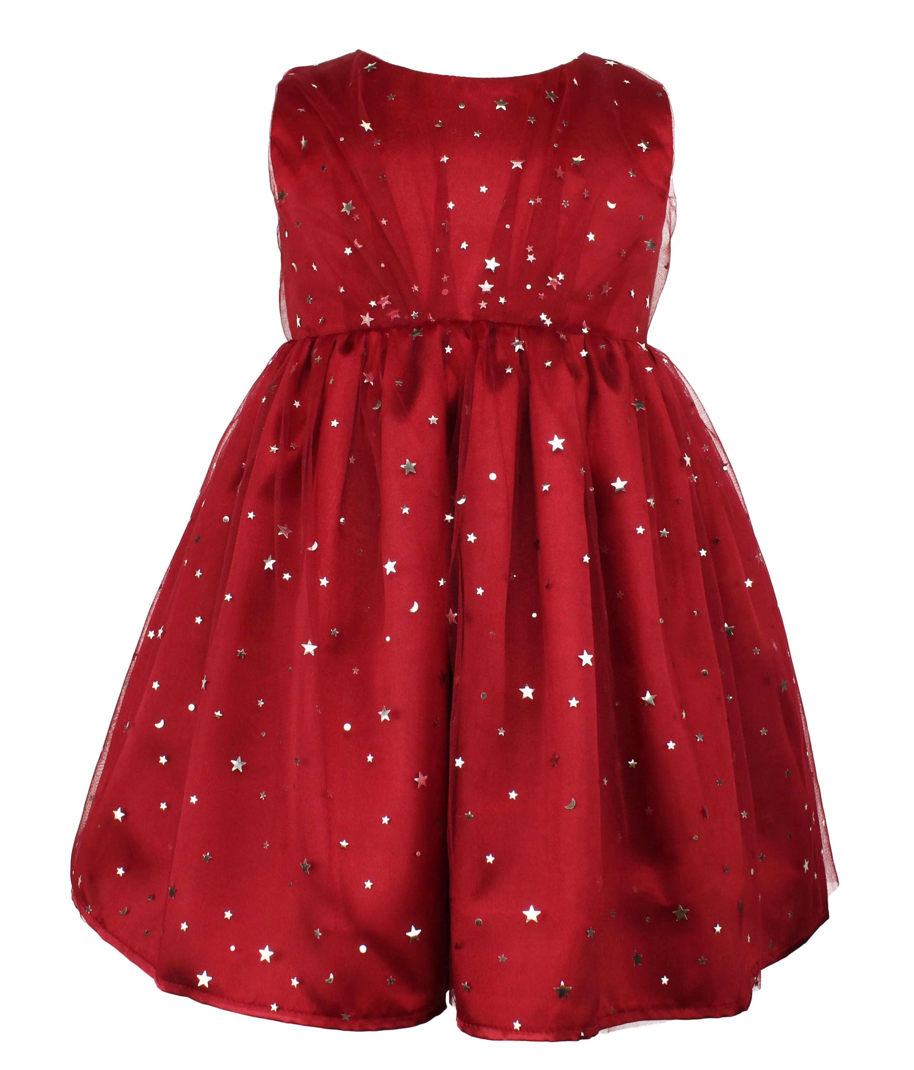 Popatu Baby Girls Foil Stars Overlay Burgundy Dress