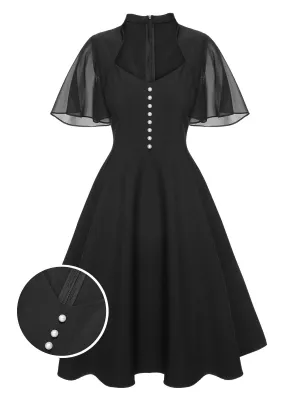 [Pre-Sale] Black 1950s V-Neck Pearl Buttons Dress