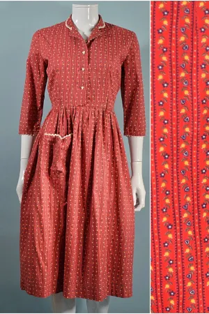 SOLD Vintage 50s Red Calico Print Cottagecore Farmcore Dress M