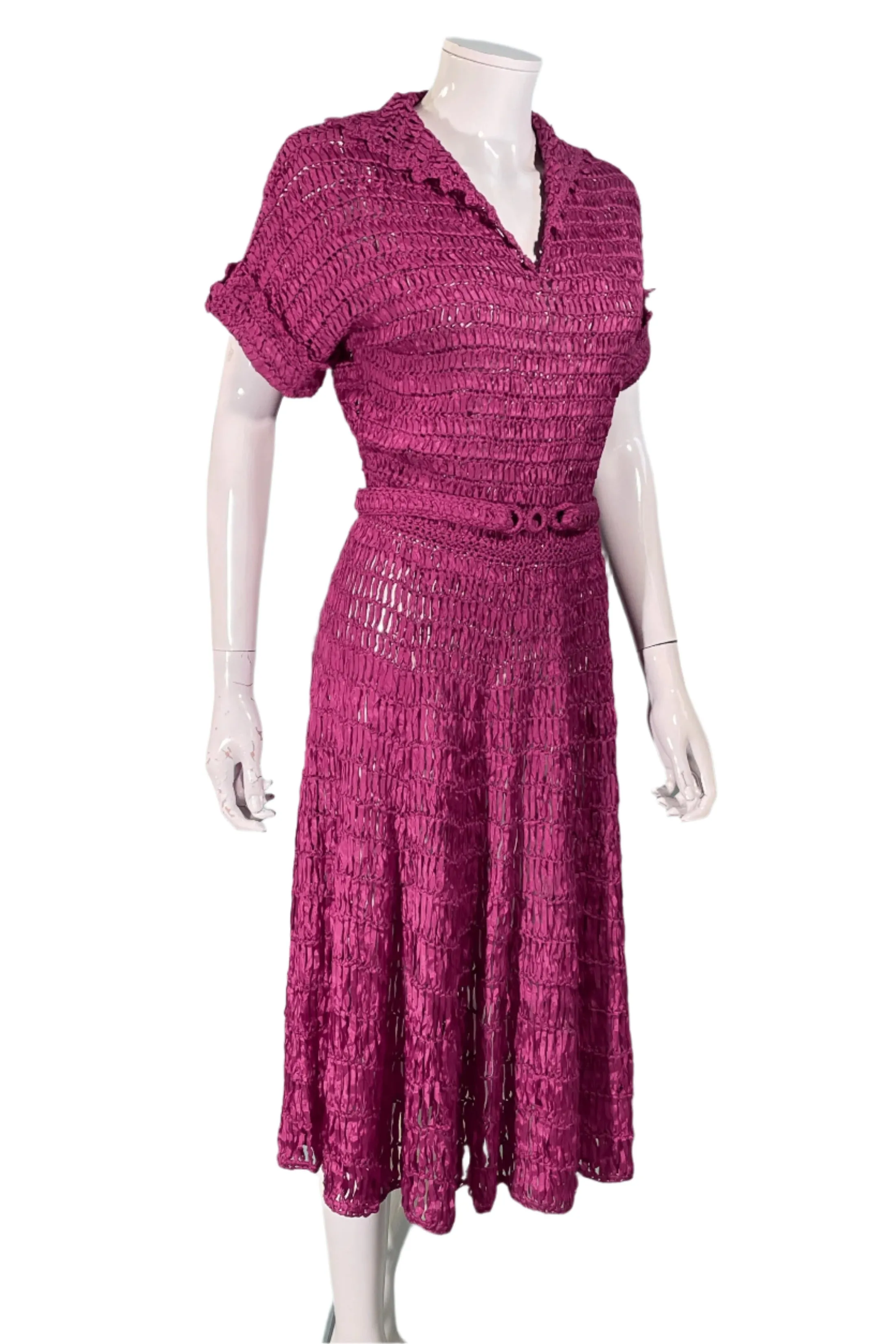 Vintage 40s Cranberry Red Ribbon Dress   Belt, Crochet/Knit Ribbon Dress S