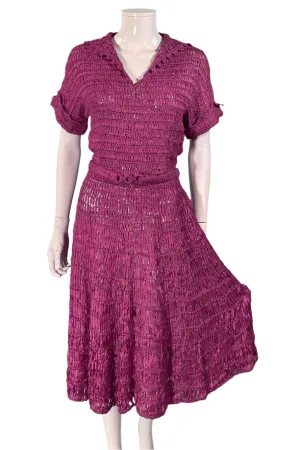 Vintage 40s Cranberry Red Ribbon Dress   Belt, Crochet/Knit Ribbon Dress S