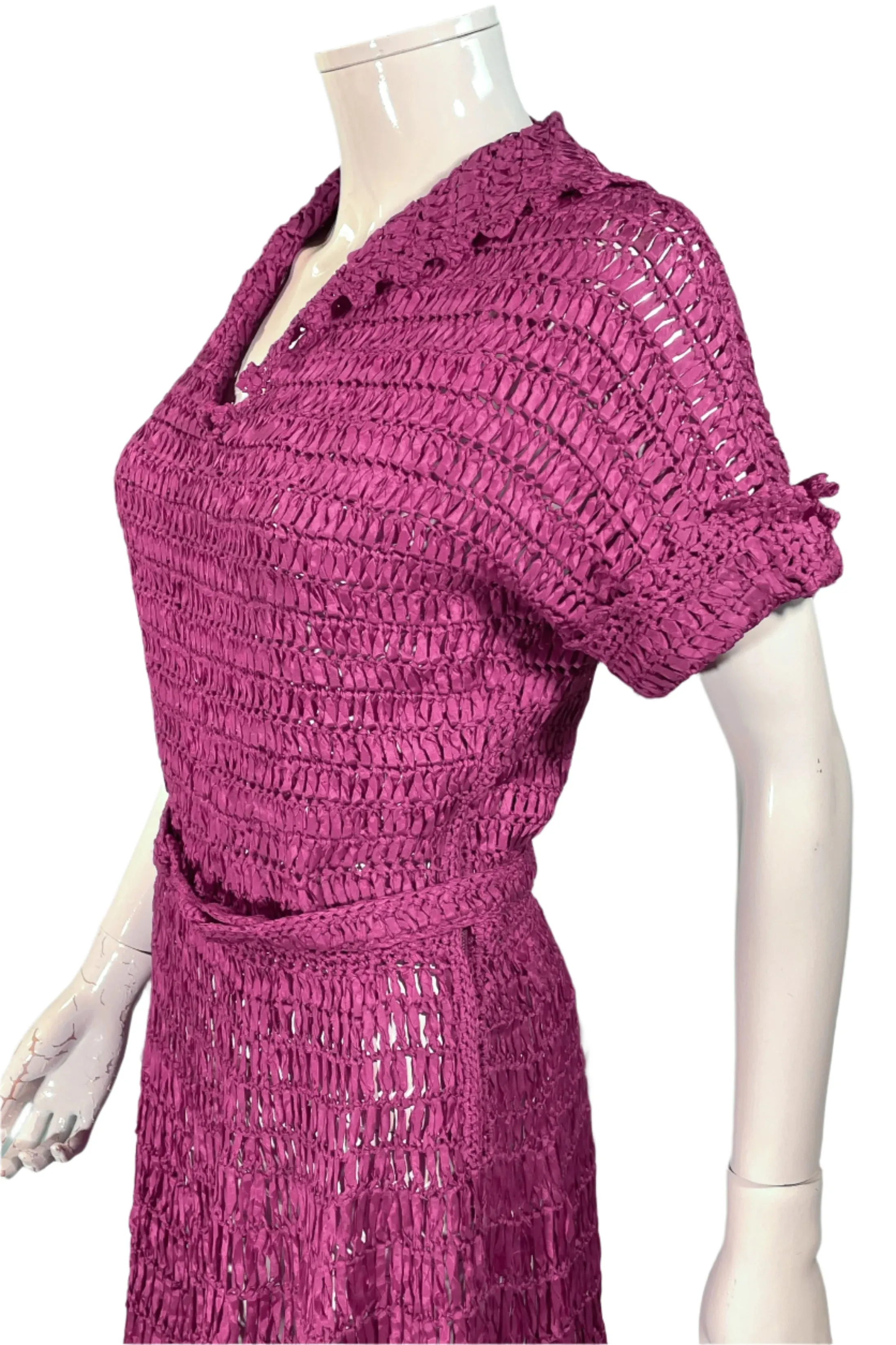 Vintage 40s Cranberry Red Ribbon Dress   Belt, Crochet/Knit Ribbon Dress S