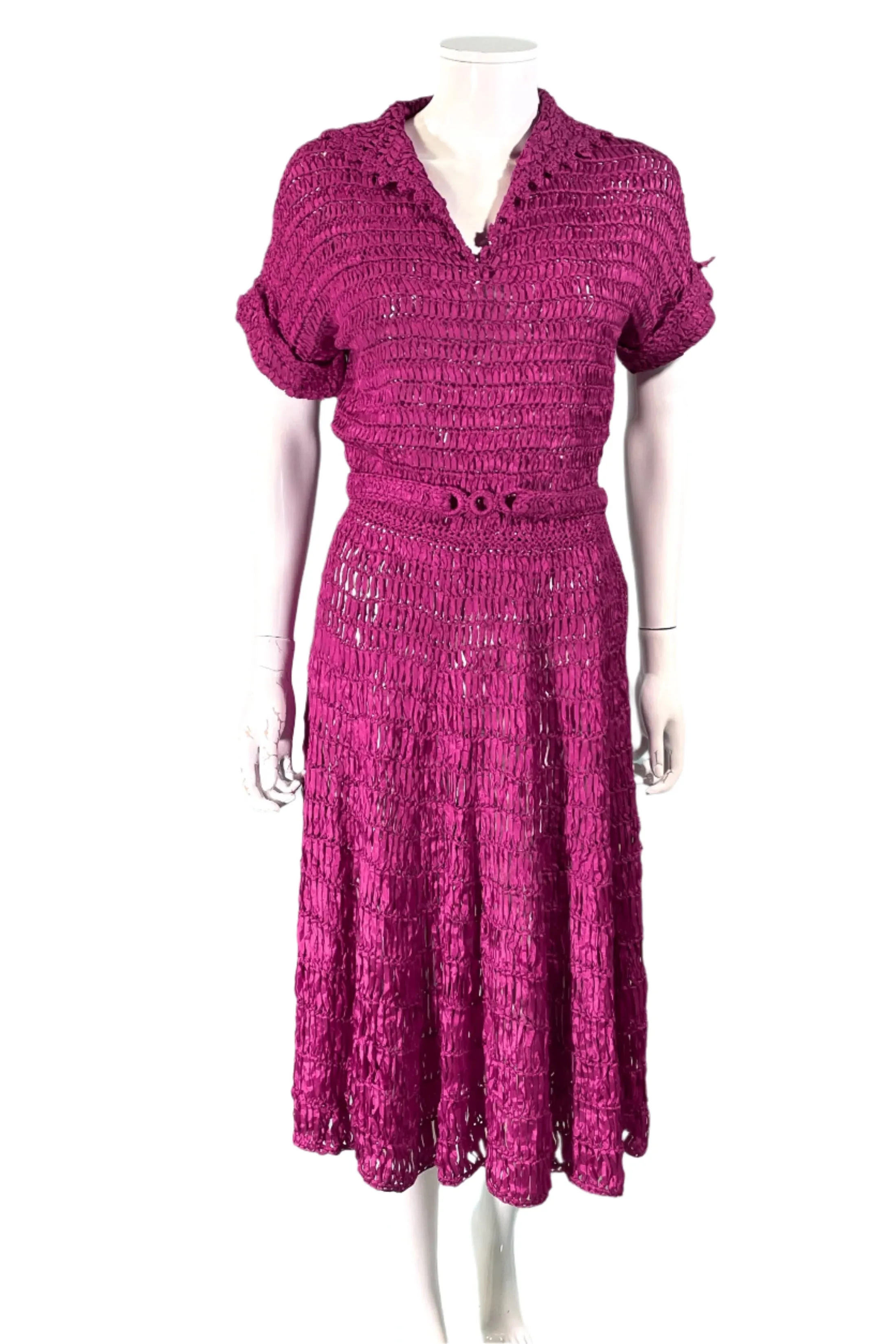 Vintage 40s Cranberry Red Ribbon Dress   Belt, Crochet/Knit Ribbon Dress S