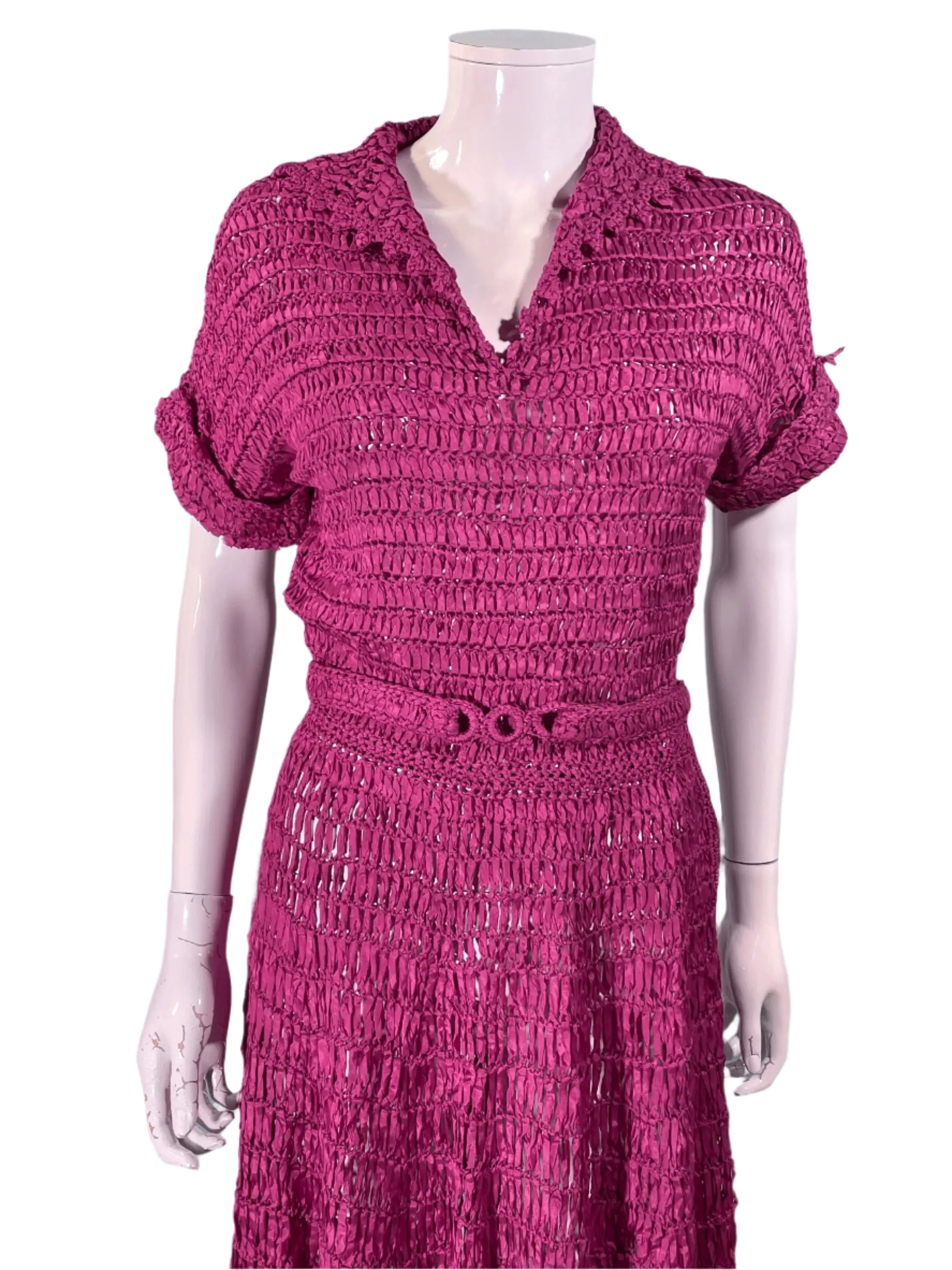 Vintage 40s Cranberry Red Ribbon Dress   Belt, Crochet/Knit Ribbon Dress S