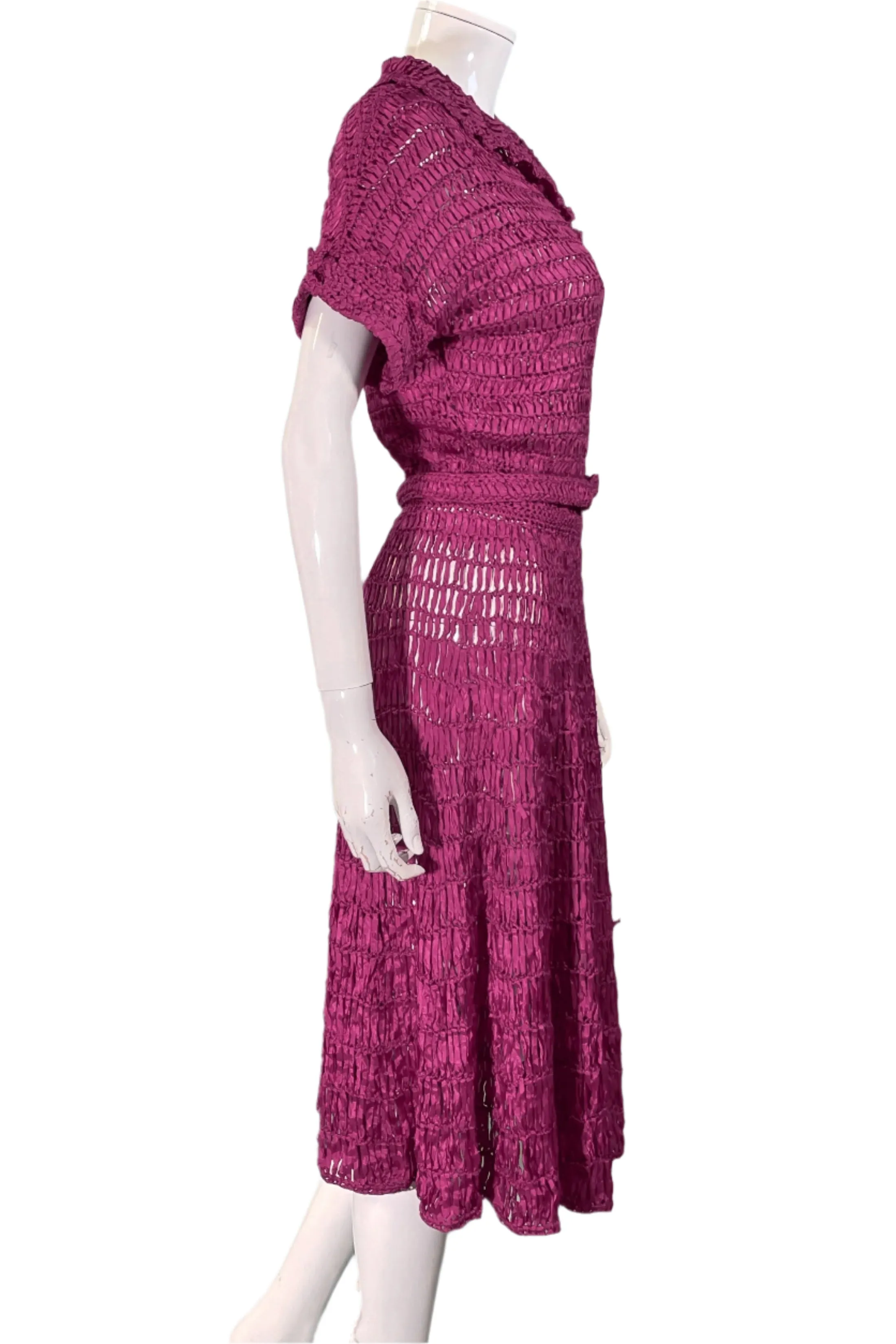 Vintage 40s Cranberry Red Ribbon Dress   Belt, Crochet/Knit Ribbon Dress S
