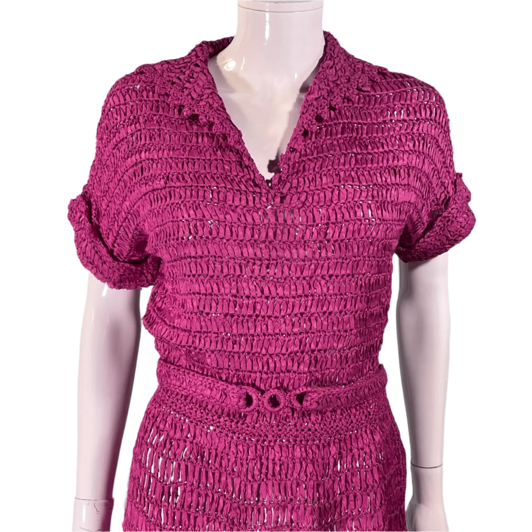 Vintage 40s Cranberry Red Ribbon Dress   Belt, Crochet/Knit Ribbon Dress S