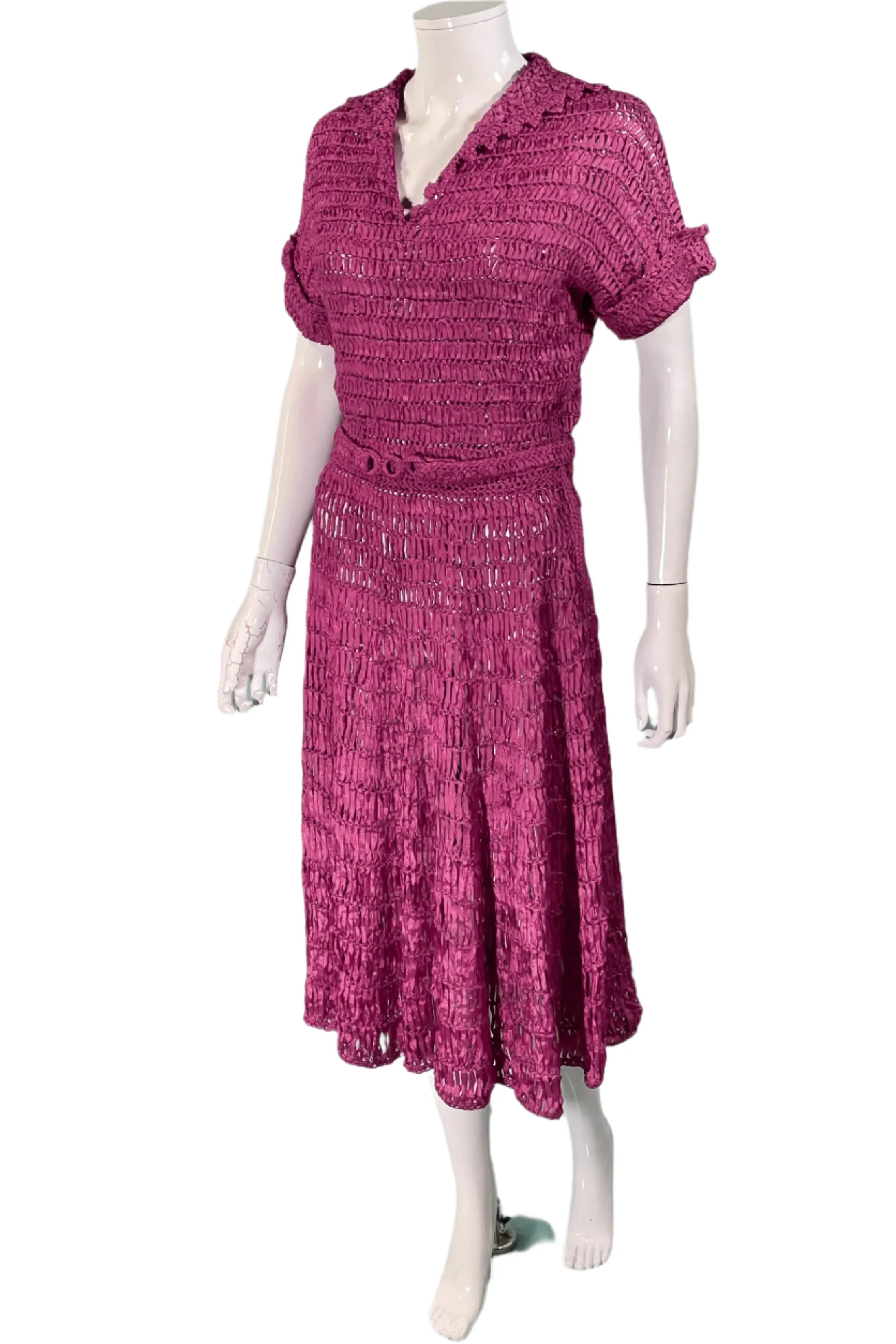 Vintage 40s Cranberry Red Ribbon Dress   Belt, Crochet/Knit Ribbon Dress S