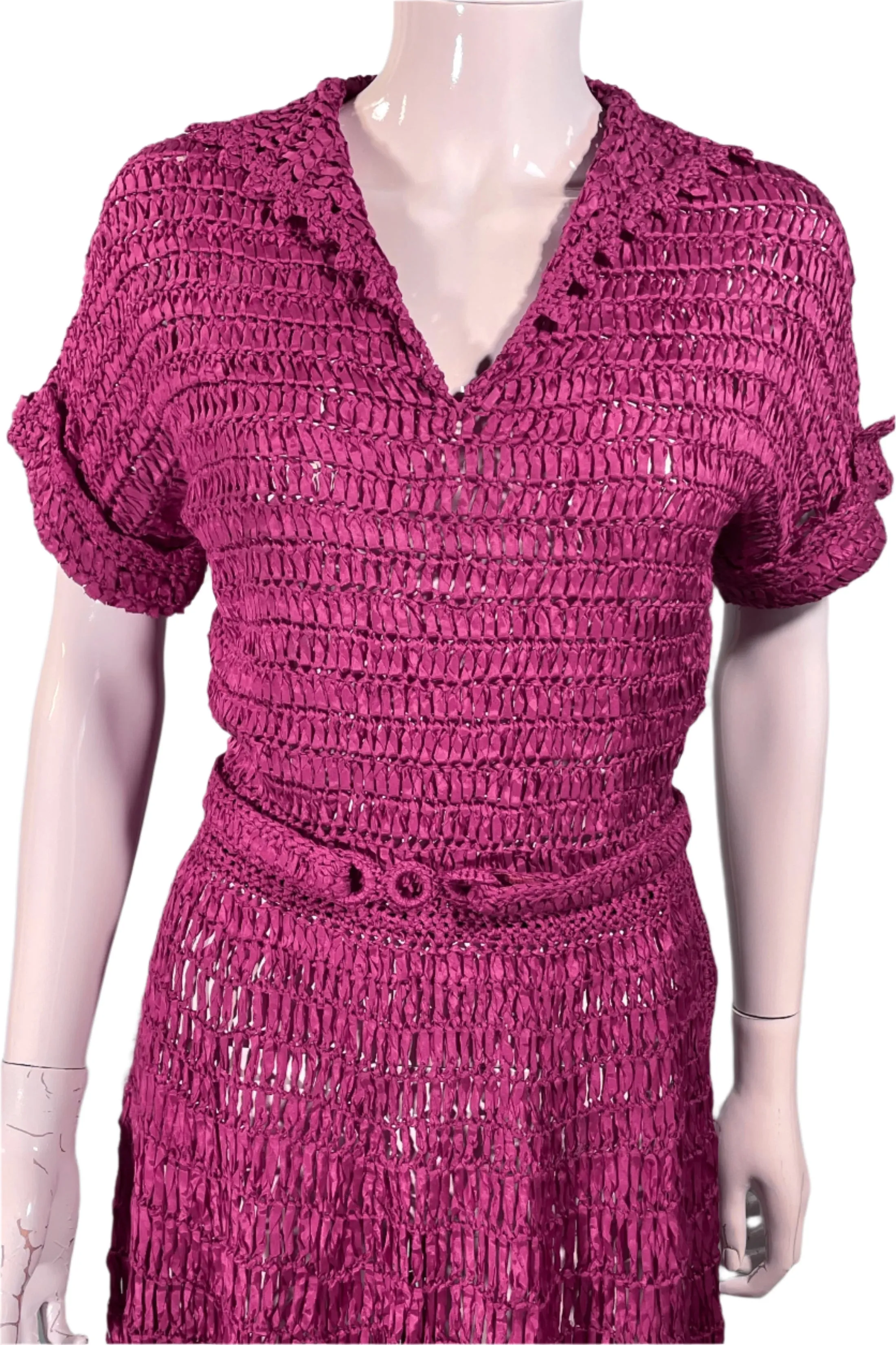 Vintage 40s Cranberry Red Ribbon Dress   Belt, Crochet/Knit Ribbon Dress S