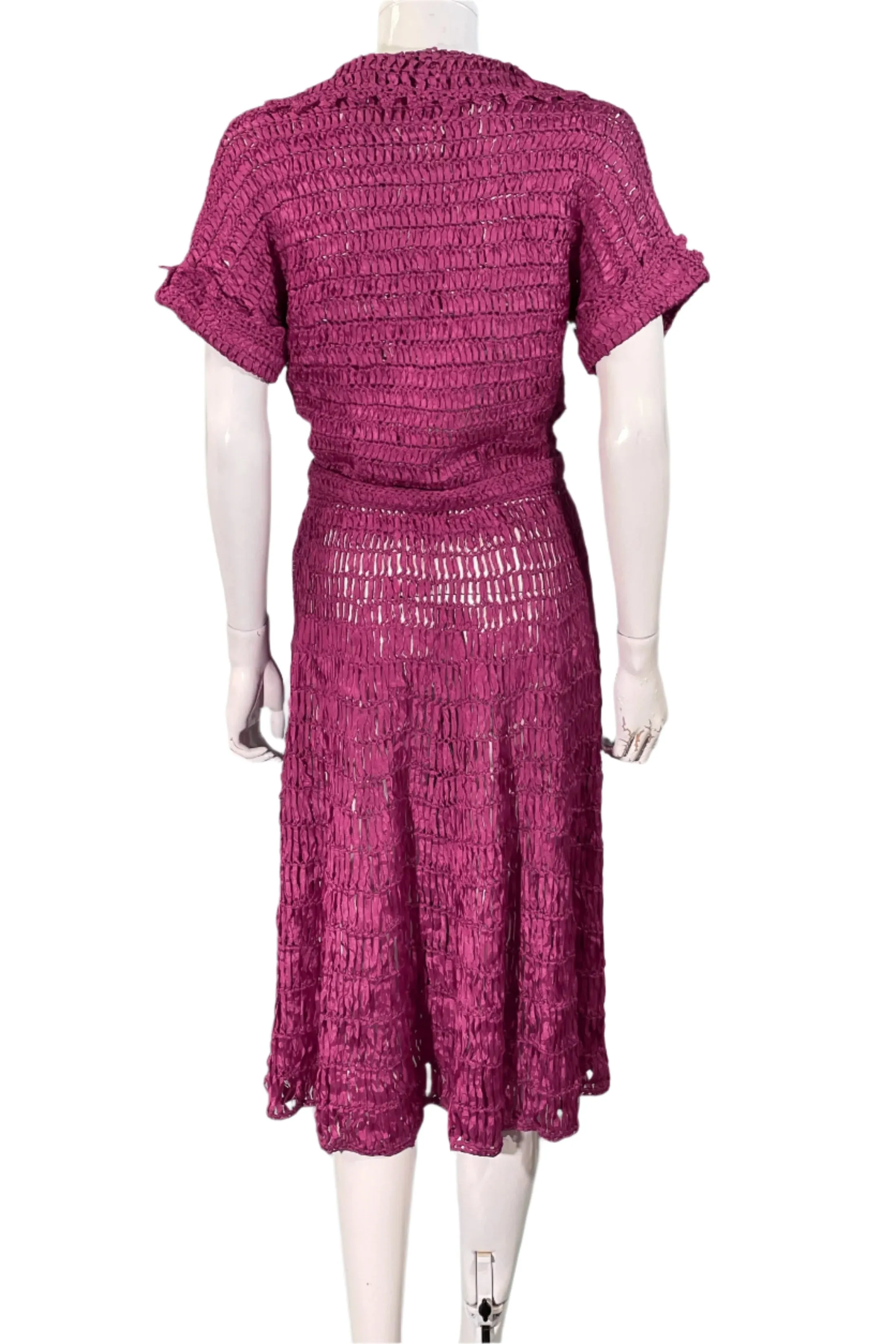 Vintage 40s Cranberry Red Ribbon Dress   Belt, Crochet/Knit Ribbon Dress S