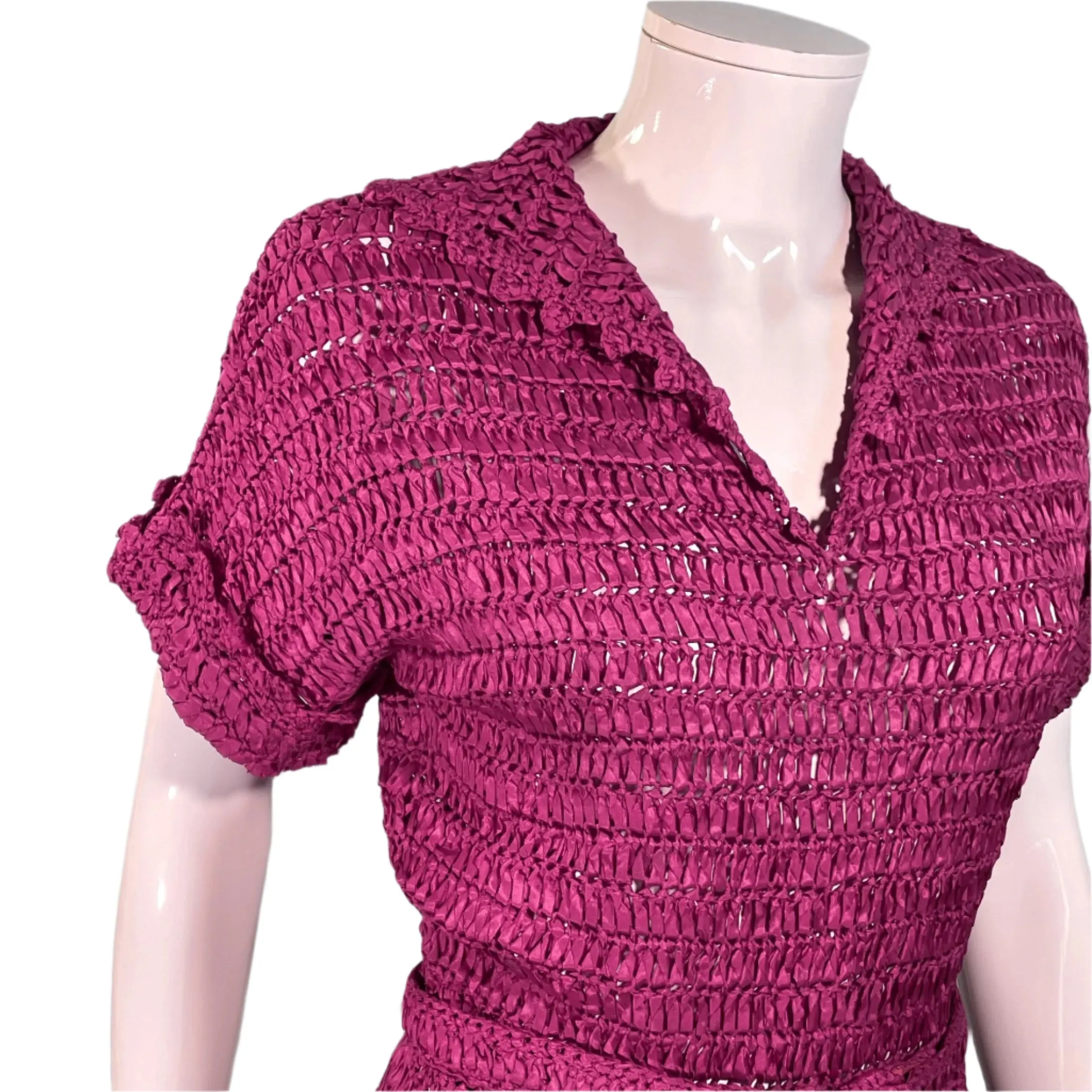 Vintage 40s Cranberry Red Ribbon Dress   Belt, Crochet/Knit Ribbon Dress S